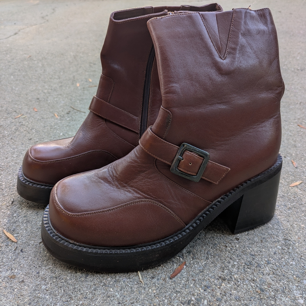 Brown Heeled Boots with Side Buckle and Chunky Sole